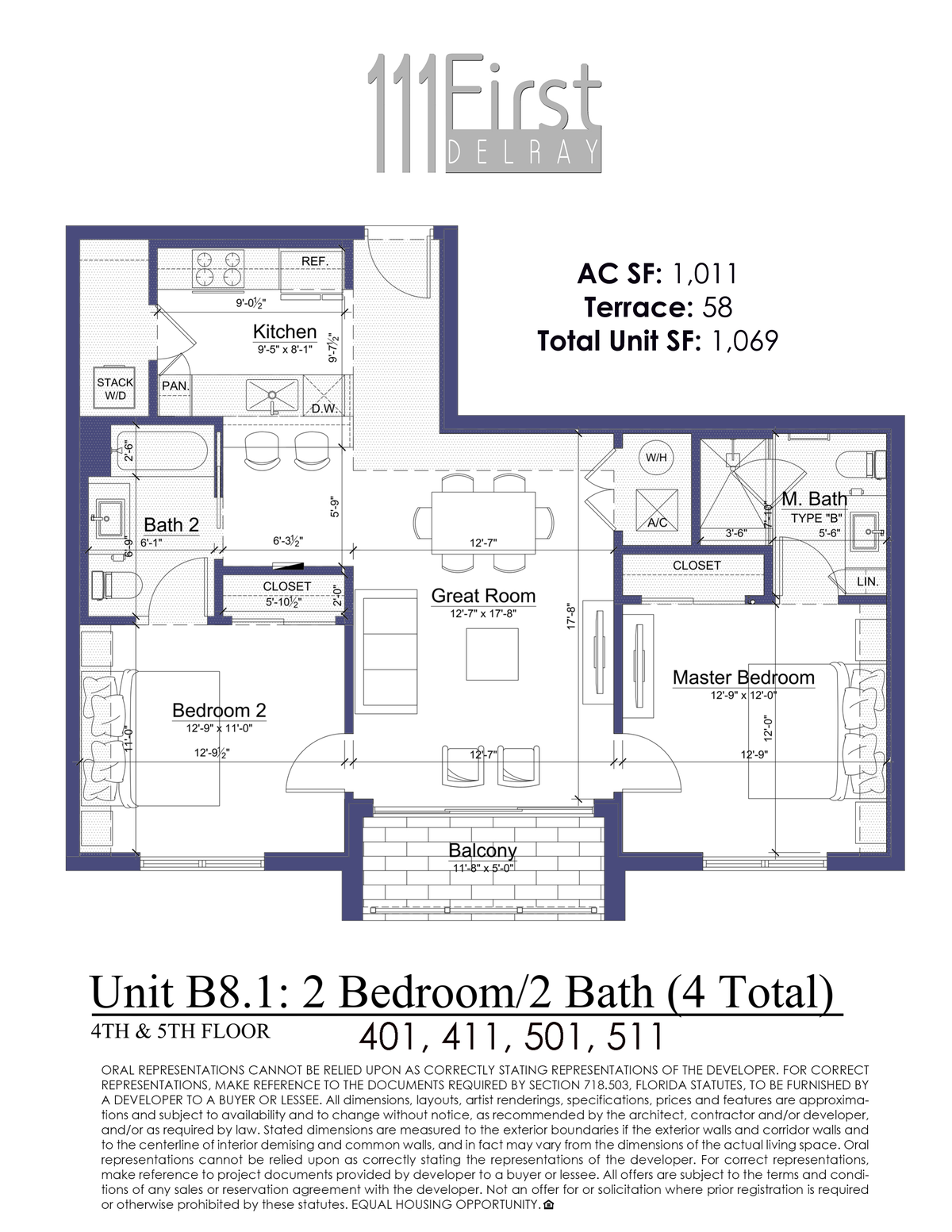 111 First Delray Unit B8.1 Two Bedroom Two Bath Floor Plan